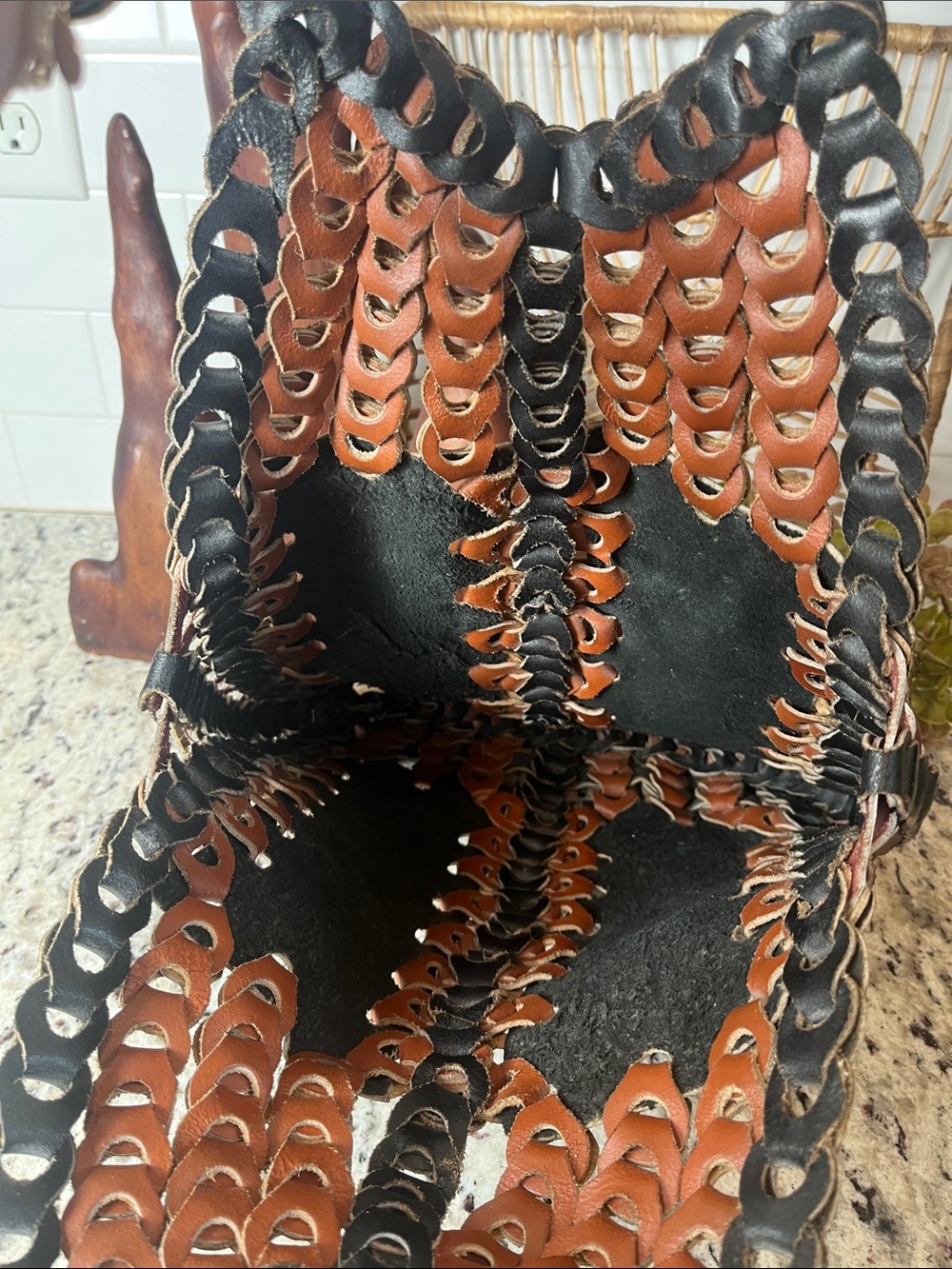 Woven Two-Tone Black & Brown Leather Tote - Picture 6 of 9